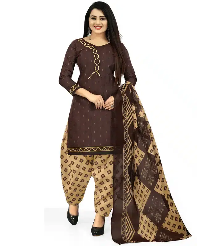 Cotton Suit Fabric with Dupatta for Women (Brown)