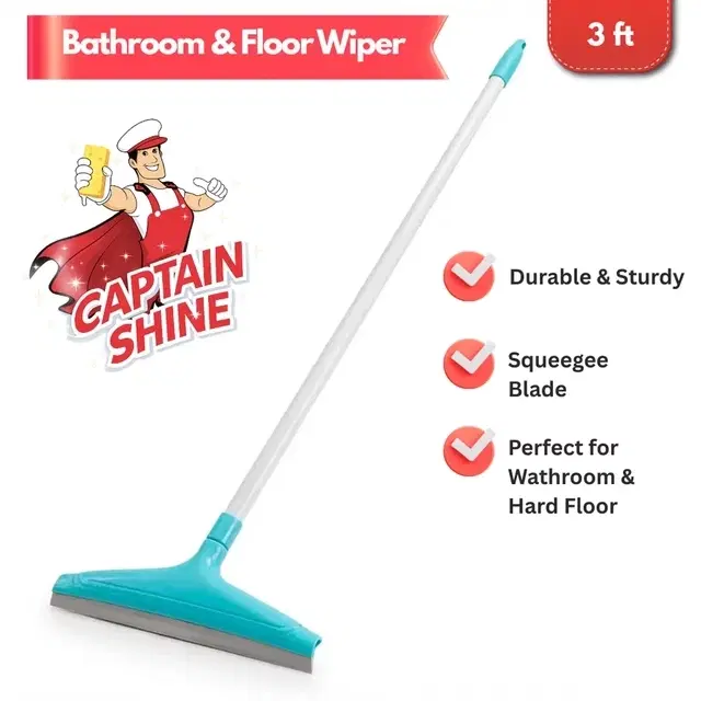 Captain Shine Bathroom & Floor Wiper, 12" Squeegee Blade, 3ft Rod Size