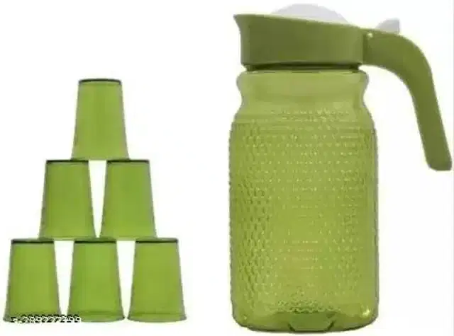 Plastic Jug with 6 Pcs Glass, Green, Set of 2
