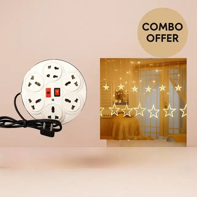 Kaltron 8 In 1 Universal Extension Board (White) + 12 Stars LED Curtain Star Shape Lights ( Set of 2)