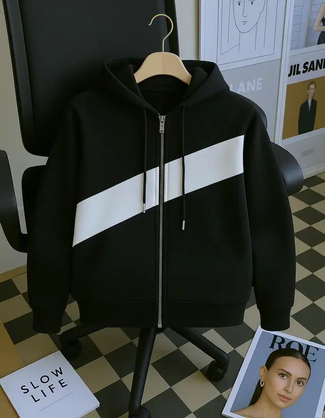 Cotton Blend Colorblocked Hooded Jacket for Men, Black (S)