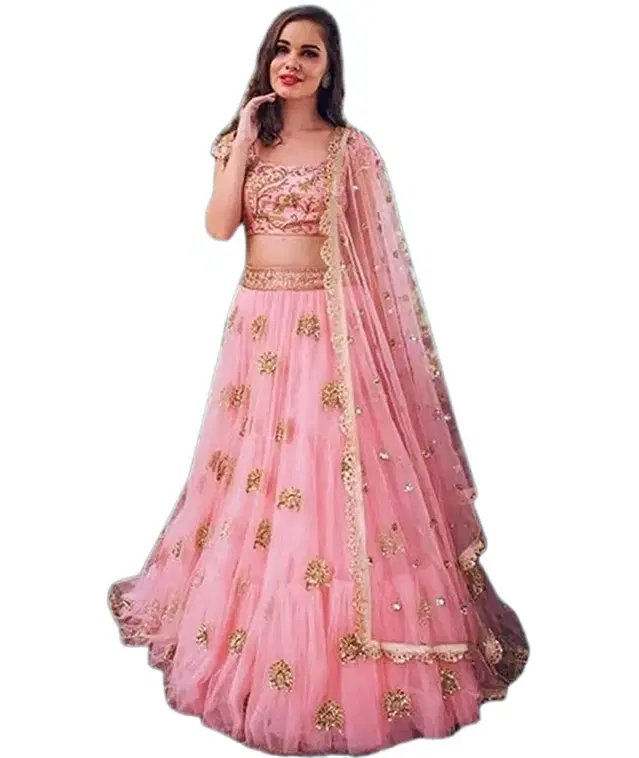 Net Embroidred Semi Stiched Lehenga Choli for Women (Pink)