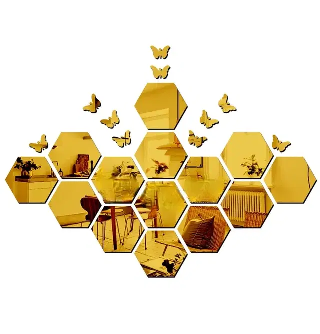 Mirror Gold Sticker 14 hexagon & 10buterfly