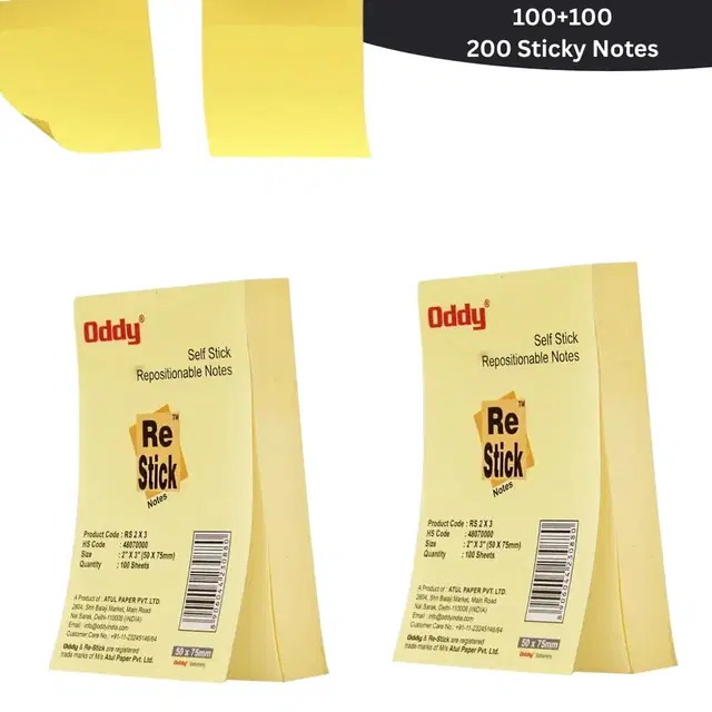 Oddy Re-Stick 2"x3" 200 Sheets Self Adhesive Repositionable Sticky Notes, 100+100, Pack of 2