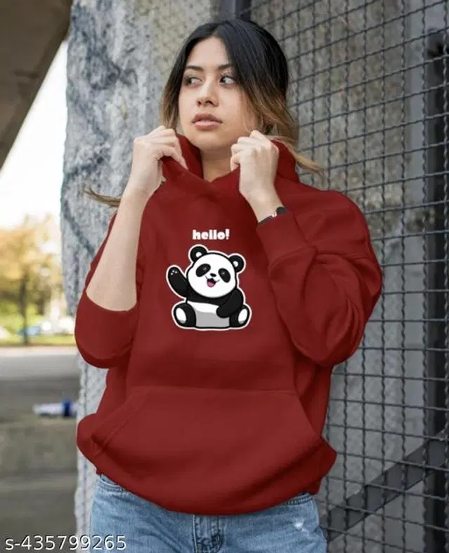 Fleece Printed Hoodie for Women (Maroon, M)