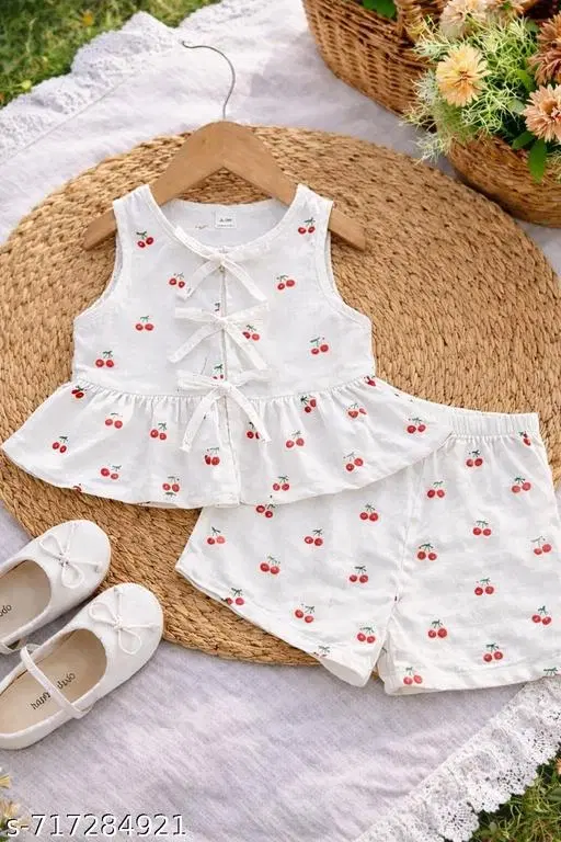 Cherry print Top & Bottom Set for Girls (White, 9-12 Months)