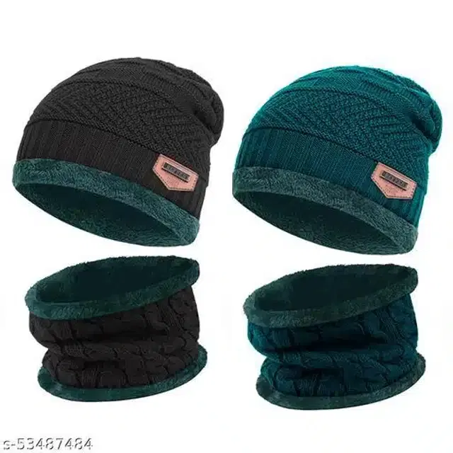 Woolen Beanie Cap with Neck Scarf for Men & Women, Set of 2 (Multicolor)