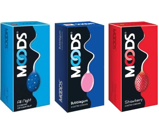 Moods All Night with Bubblegum & Strawberry 12 Pcs Dotted Condoms for Men, Set of 3