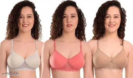 Cotton Blend Solid Bra for Women & Girls, Multicolour, Pack of 3 (40B)