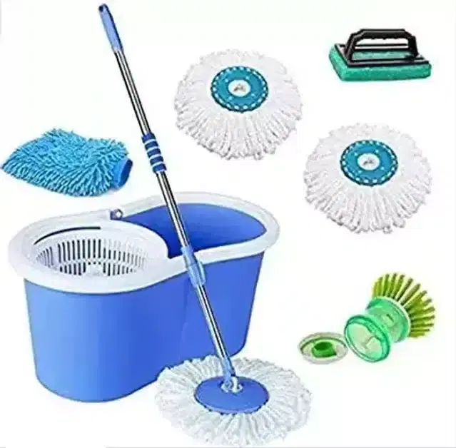 Bucket Mop with Refill & Cleaning Accessories, 3 Pcs, Set of 5, Blue