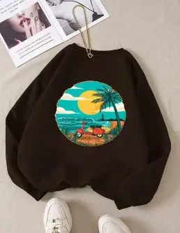 Round Neck Printed Sweatshirt for Women (Black, S)