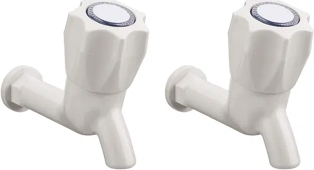 Plastic Long Body Bib Cock Tap with Wall Flange, White, Set of 2