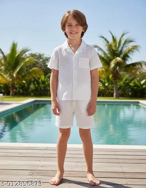 Cotton Shirt and Short Set for Boys (White, 5-6 Years)