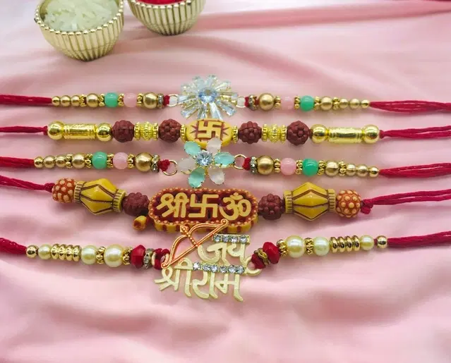 Handmade Designer Rakhi with Roli Chawal, Multicolor, Pack of 5