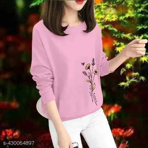 Cotton Printed Sweatshirt for Women (Pink, XS)