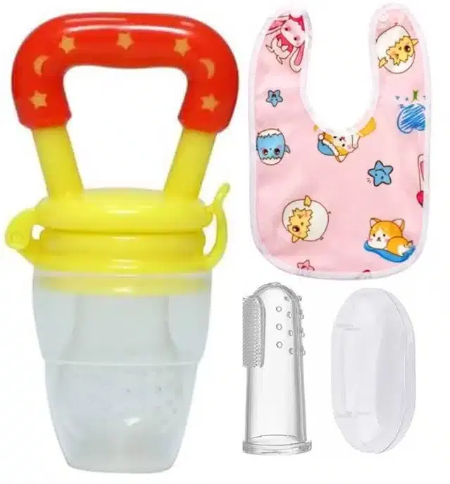 Silicone Fruit Feeder with Finger Brush & Bib for Kids, Multicolor, Set of 3