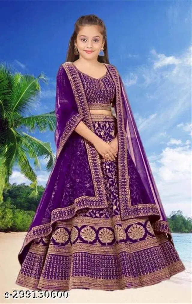 Satin Lehenga Cholis with Dupatta for Girls (10-11 Years, Purple)