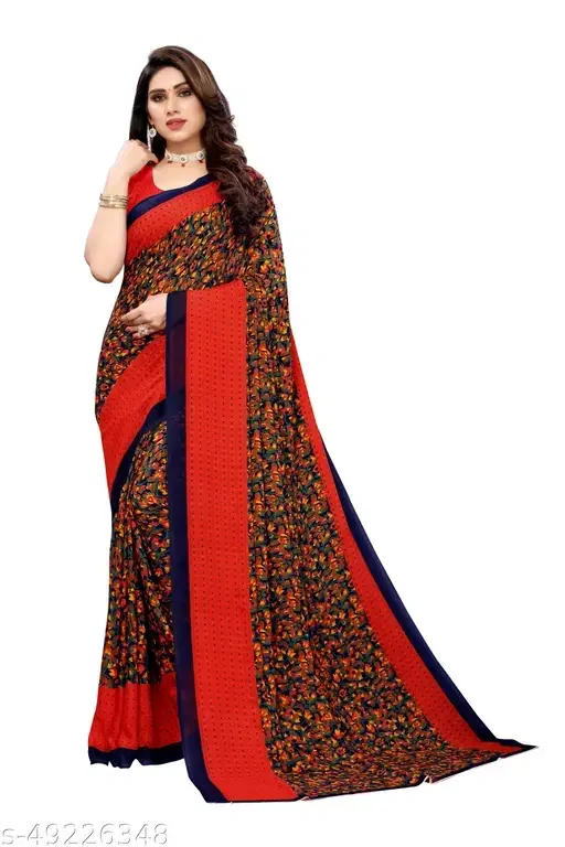 Georgette Printed Saree for Women, Red (Brown)