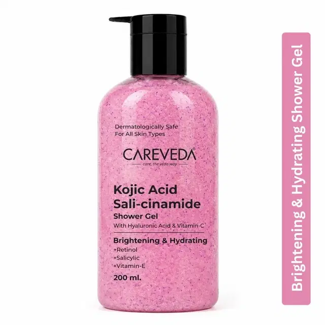 CareVeda Kojic Acid Sali-Cinamide Shower Gel Brightening & Hydrating Body Wash For Even Tone With Hyaluronic Acid, Vitamin C, Retinol & Salicylic Acid 200 ml
