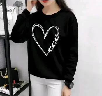 Round Neck Printed Sweatshirt for Women (Black, S)