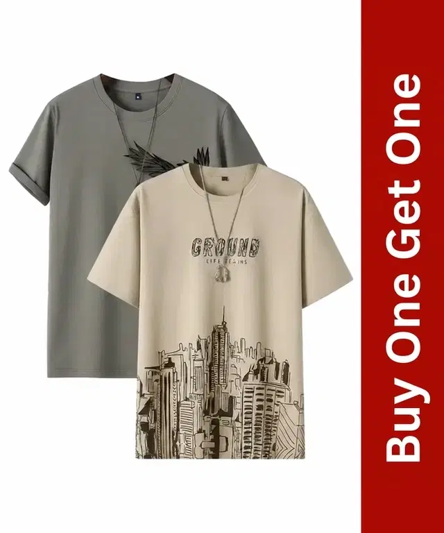 Round Neck Printed T-Shirt for Men, Buy 1 Get 1, Grey & Beige, XL