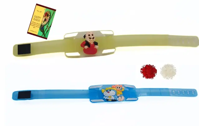 Synthetic 2 Pcs Rakhi with Greeting Card & Roli Chawal (Multicolor, Set of 1)