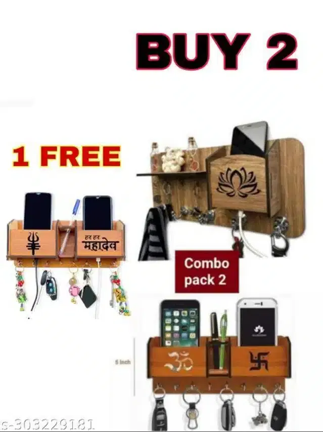 Wooden Key Holder, Brown, Pack of 3