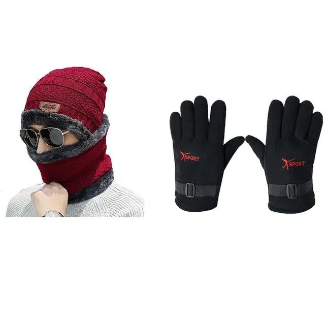 Woolen Cap with Neck Warmer & Gloves for Men & Women, Set of 2 (Multicolor)