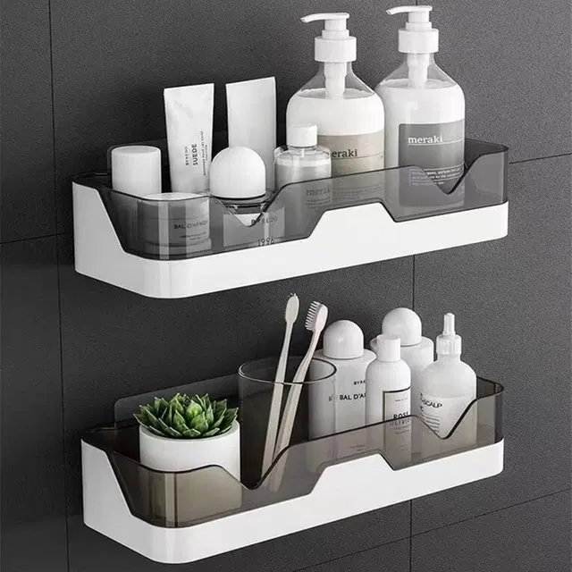 Esspy 2pc Sticker Adhesive Plastic Bathroom Accessories,Bathroom Rack,Bathroom Shelf Organizer,Wall Mounted Shelf,Bathroom Hardware And Accessories,Storage Racks,Bathroom Accessories Set For Home, White, Pack of 2