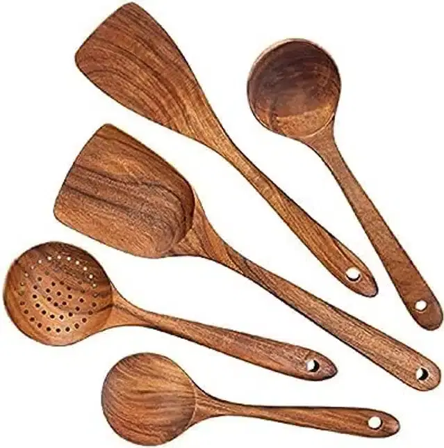 Wooden Cooking & Serving Spoons, Brown, Set of 5