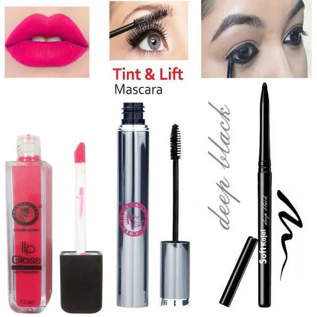 Combo of 1 Colors Queen Waterproof No Transfer Pink Lip Gloss, 7.5 ml & 1 Colors Queen Brow Tint & Lift Long Lash Waterproof Mascara, 6 ml & 1 Colors Queen 12 Hours Long-Lasting Smudgeproof Waterproof Deep Black Soft Kajal, R865