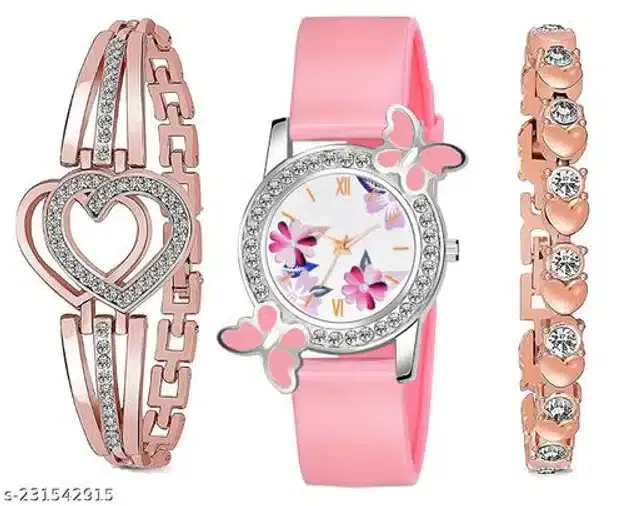 Analog Watch with 2 Pcs Braeclet for Women, Set of 3 (Multicolor)