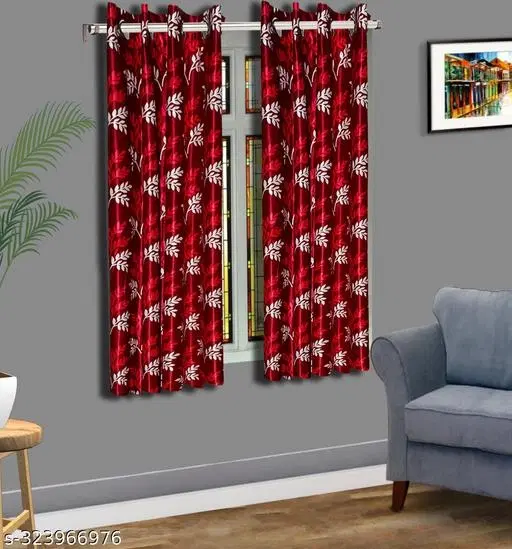 KANUSHI Industries® 2 Pieces Washable Polyster Eyelet Window Curtain Set (Color Maroon) (5 FT)