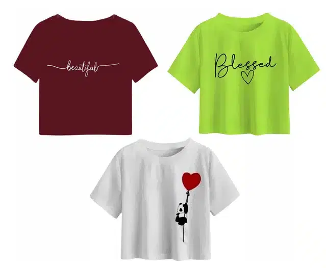 Cotton Printed Crop Tops for Girls, Pack of 3 (Multicolor, 15-16 Years)