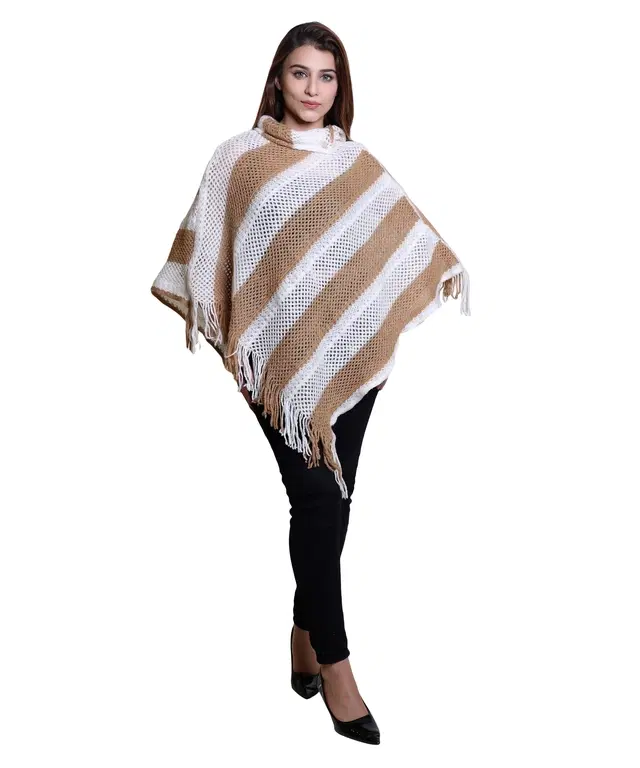 Woolen Self-Design Ponchos for Women (White & Brown, M)
