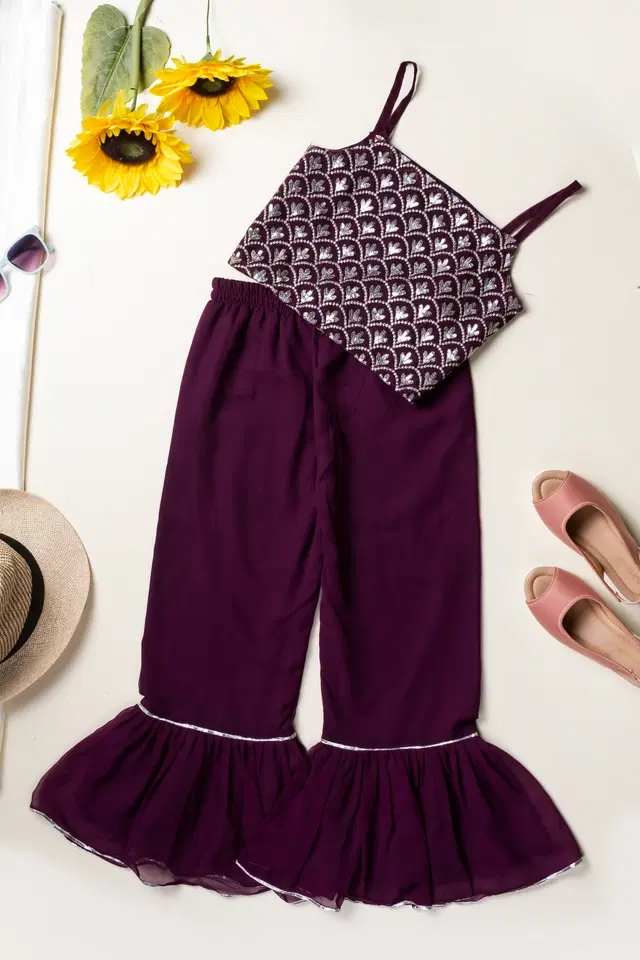 Georgette Embroidered Kurti with Sharara & Dupatta for Girls (Purple, 3-4 Years)