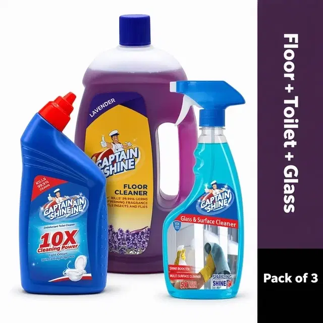 Captain Shine Floor Cleaner 1 L (Lavender) + Captain Shine Toilet Cleaner 500 ml + Captain Shine Glass Cleaner 500 ml