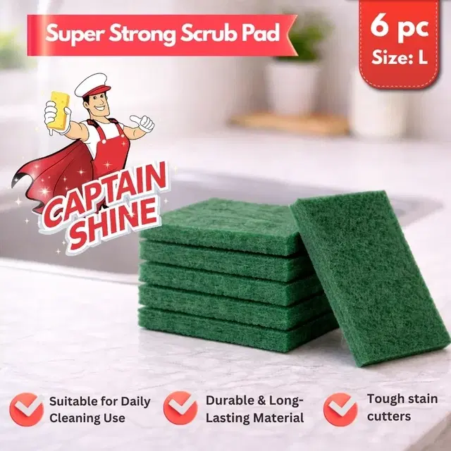 Captain Shine Green Scrub Pad, 12.5 x 10cm [6 Pieces]-Large