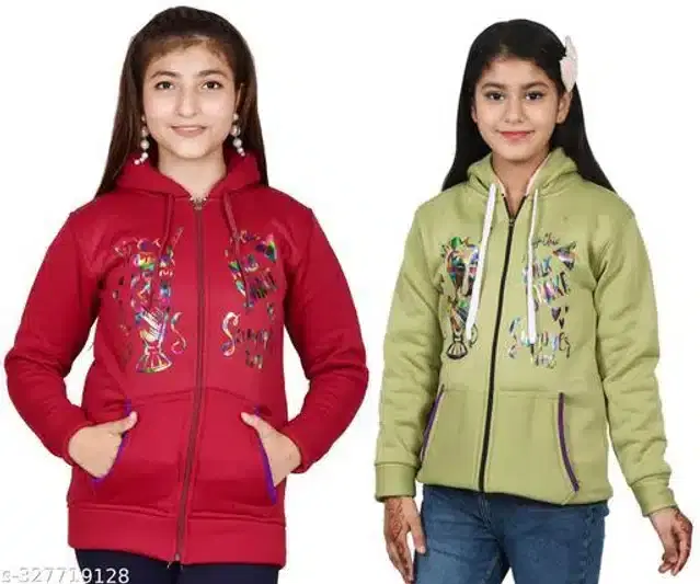 Woolen Full Sleeves Hooded Sweatshirts for Girls, Pack of 2 (Maroon & Mint Green, 10-11 Years)