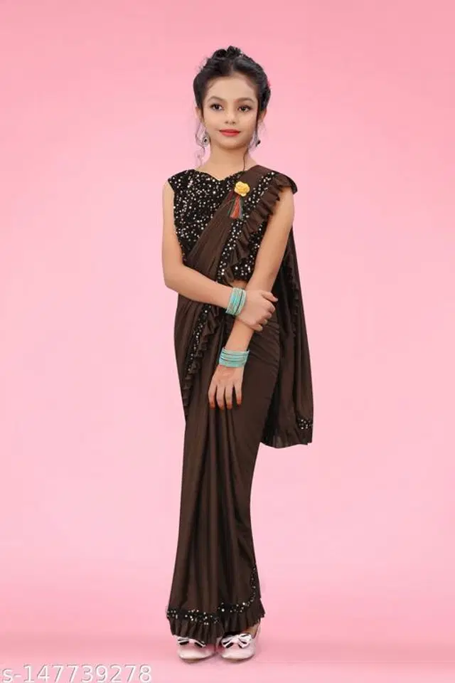 Solid Fancy Saree for Girls with Blouse (Brown, 4-5 Years)