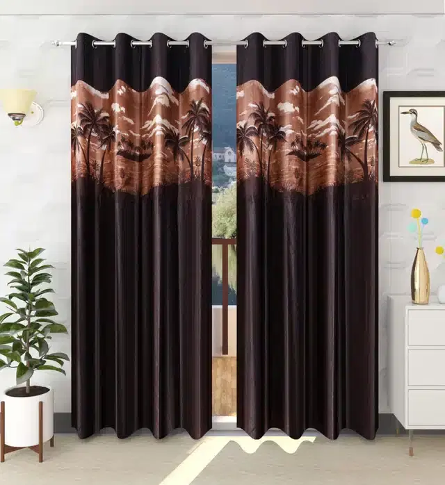 Polyester Patch Worked Window & Door Curtains, Pack of 2, Brown, 5 feet