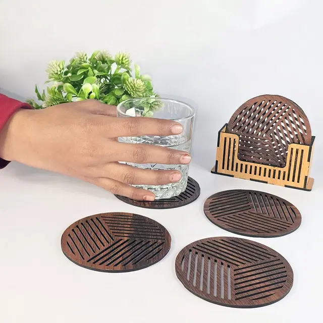 MDF Wooden 6 Pcs Coasters with Stand, Brown, Set of 1