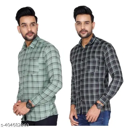 Cotton Blend Checked Shirt for Men, Green & Black (S) Pack of 2