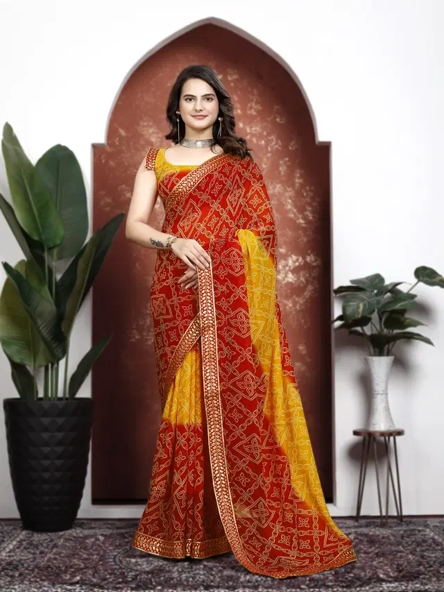 Georgette Bandhini Saree for Women, Red