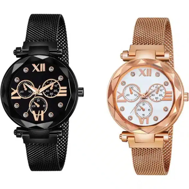 Women's Analog Watches, Pack of 2 (Black & Rose Gold)