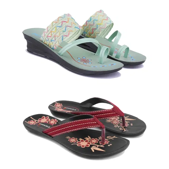 Sandals for Women, Pack of 2 (Mint Green & Red, 5)