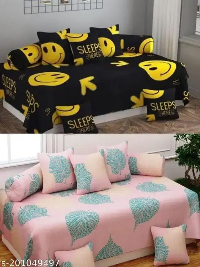 Polycotton Diwan Cover Set, Black & Pink, Combo of 2