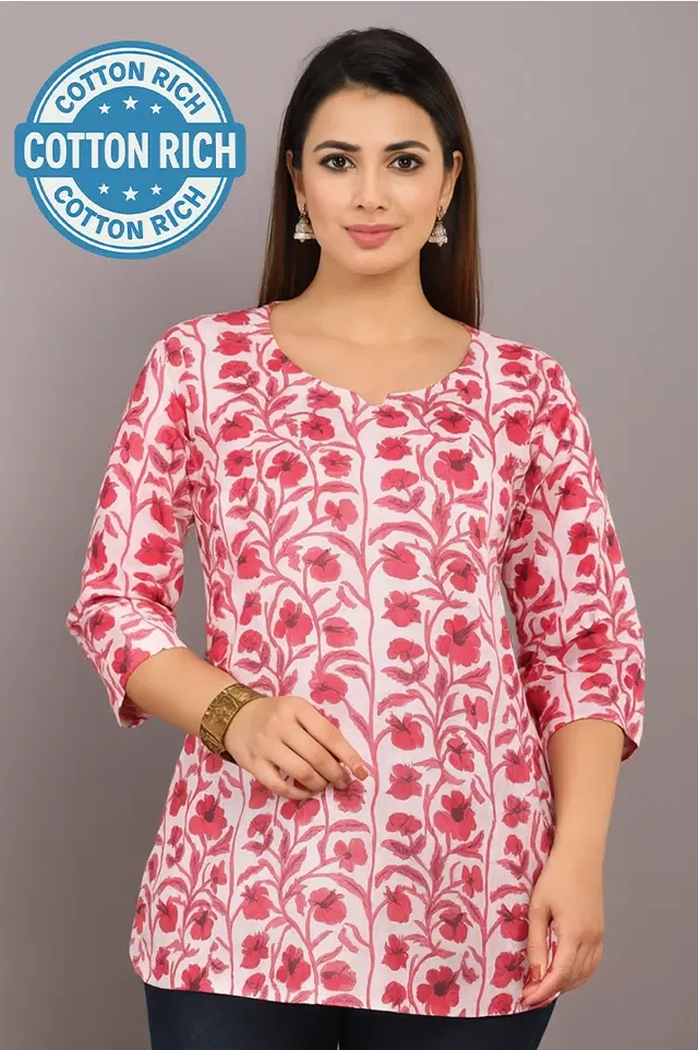 Cotton Blend Floral Print Short Kurti for Women, Pink (M)