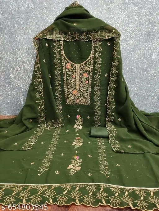 Georgette Punjabi/All Over Suits Semi-Stitched Suits (Mehndi, 6.85 meter for Women (3XL)