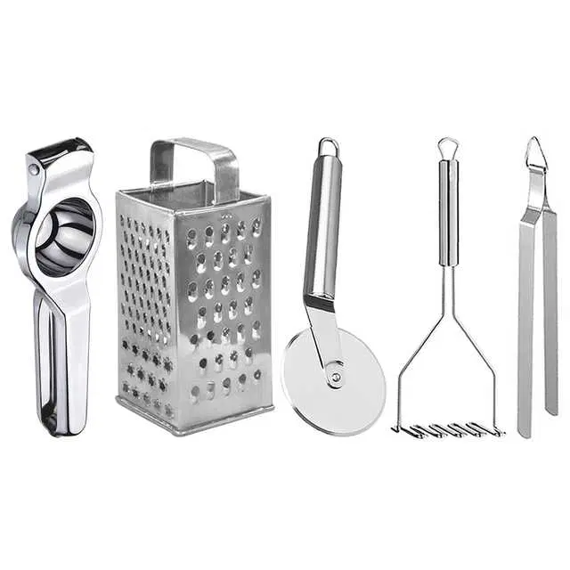 Oc9 Stainless Steel Lemon Squeezer & 4 in 1 Grater Or Slicer & Pizza Cutter & Potato Masher & Roti Chimta Kitchen Tool Set, O-156